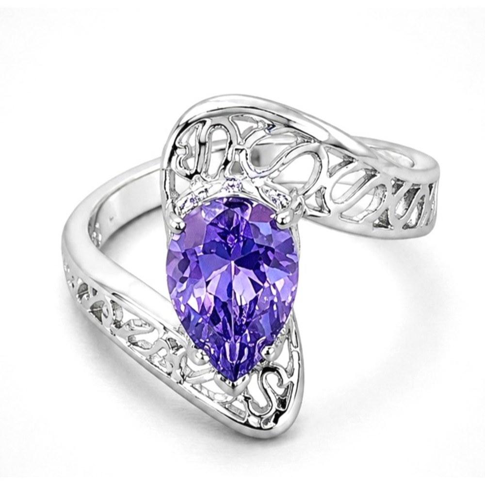 Vintage Purple Ring Tear Drop Glass Sterling Silver 925 Cocktail Size 9 R-TN47